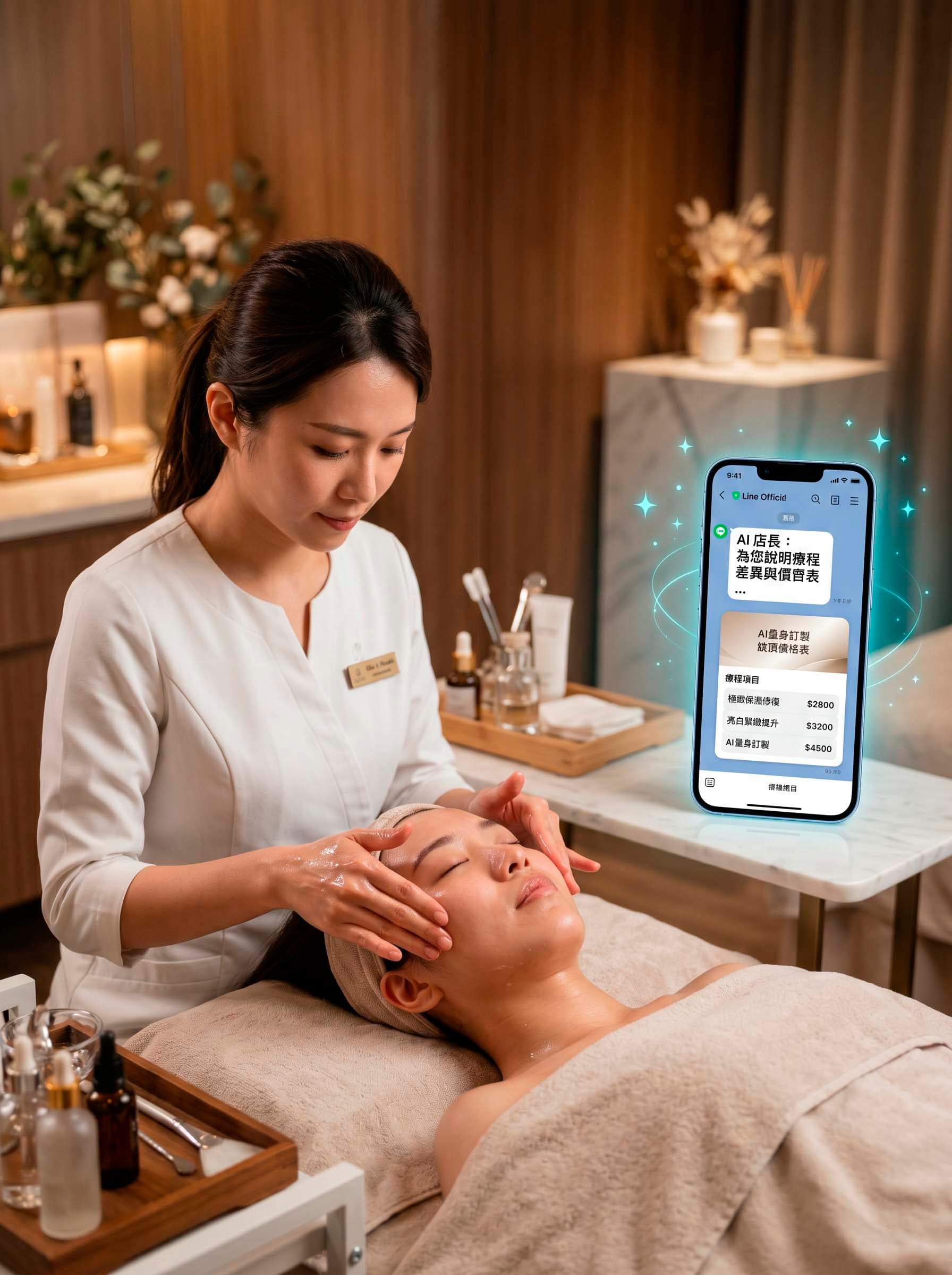 AI 智能店長 美容店專用 - 自動回覆療程差異、價目表與預約詢問，讓老師專心服務現場客人。...